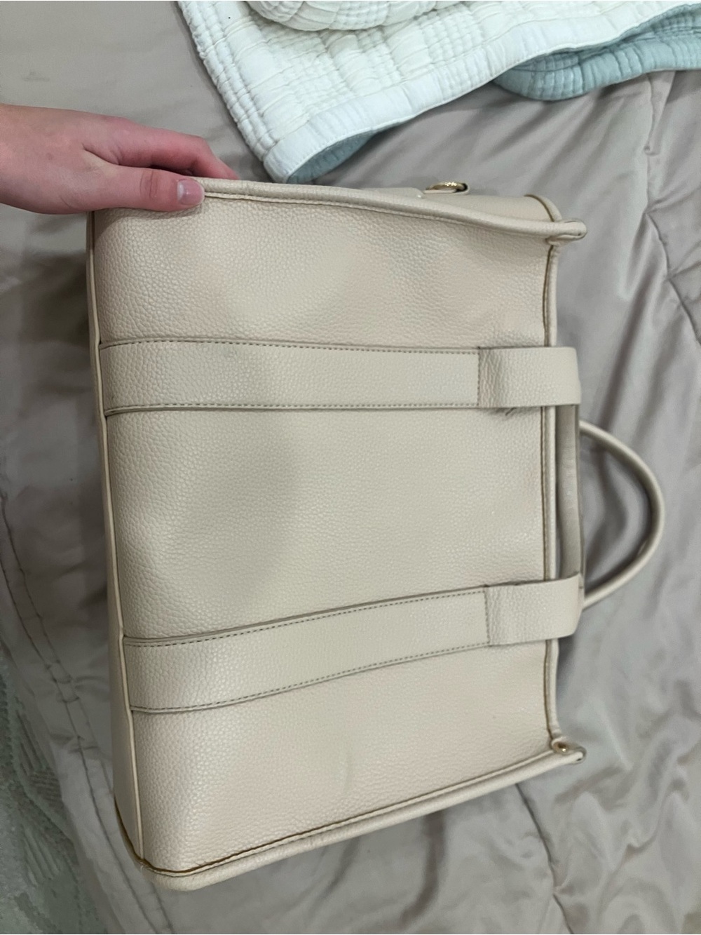 Neutral Beige Pebbled Tote Bag with White Lettering - Picture 4 of 4